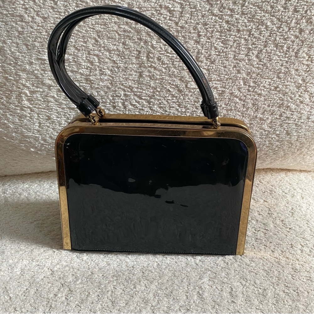 Vintage Black Patent Purse Handbag Gold Color Hardware - Picture 5 of 8